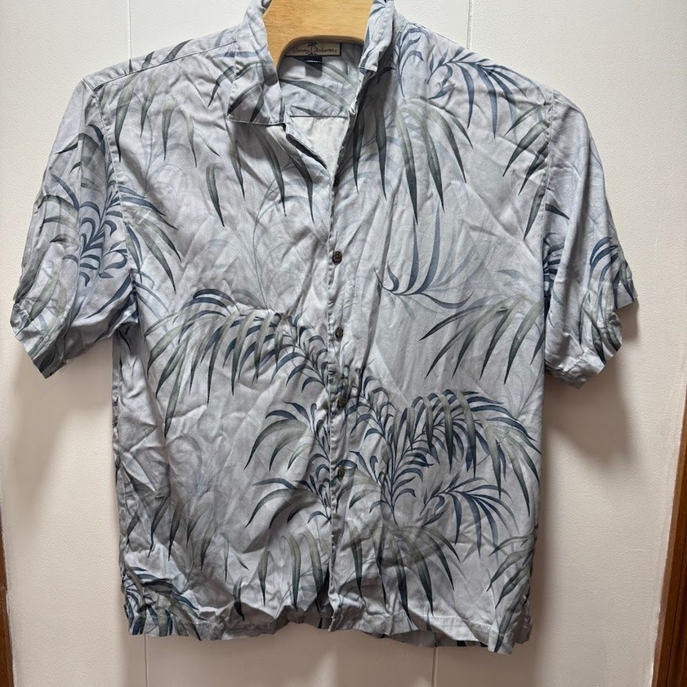 Tommy Bahama Mens Large 100% Silk Grey Blue Palm Leaf Tropical Camp Shirt L